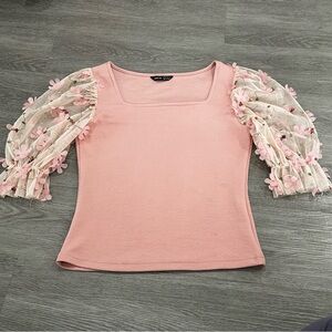 SHEIN Pink Blouse with Floral Mesh Sleeves